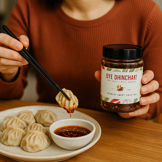 Spicy Dumpling Dipping Sauce with Oye Dhinchak! Chili Oil