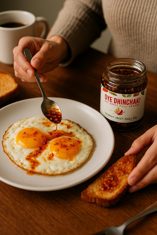 Crispy Fried Eggs with Oye Dhinchak! Chili Oil